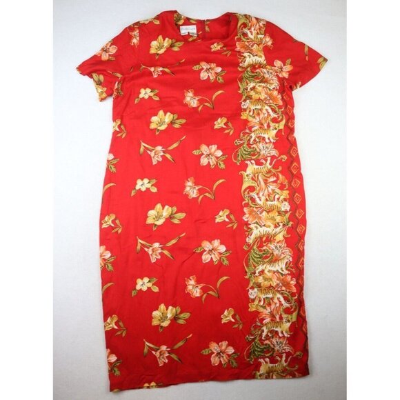 BETSY LAUREN VTG 90s WOMEN'S RED FLORAL TIGER PRINT SHORT SLEEVE MIDI  DRESS 18 - Picture 1 of 8